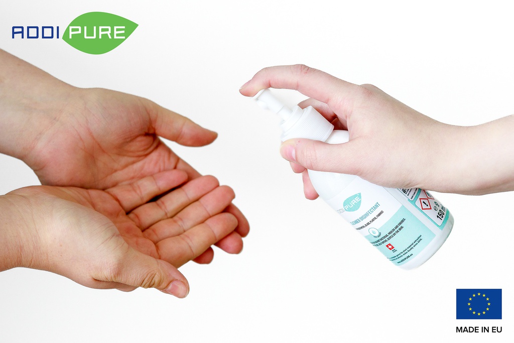 ADDIPURE 2in1 Cleaner Disinfectant, organic, 150 ml bottle with spray head.