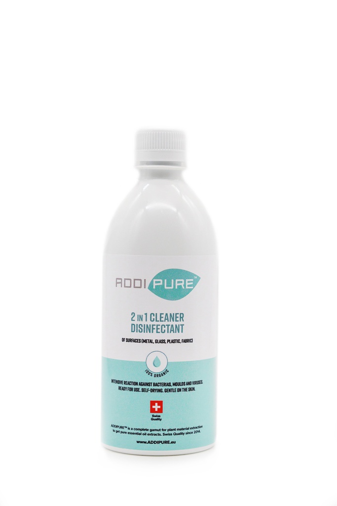 ADDIPURE 2in1 Cleaner Disinfectant, organic, 500 ml bottle as a refill pack. Suitable for cleaning and disinfection of surfaces as metall and glass.