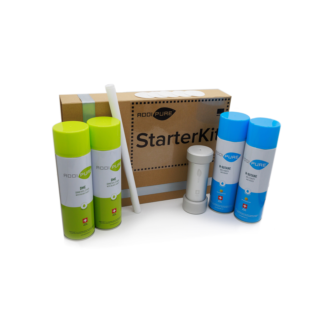 ADDIPURE PEO 60*50 StarterKit contains everything you need to get started with efficient plant extraction. Batch quantity: up to 60 g. Extraction agent: DME/n-Butane 500 ml cans. Made in the EU.