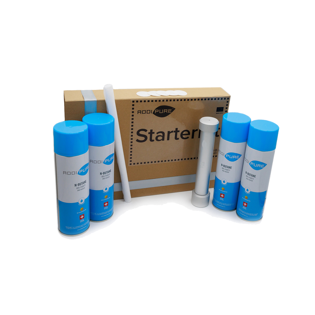 ADDIPURE PEO 35*35 StarterKit contains everything you need to get started with efficient plant extraction. Batch quantity: up to 35 g. Extraction agent: n-Butane 500 ml cans. Made in the EU.
