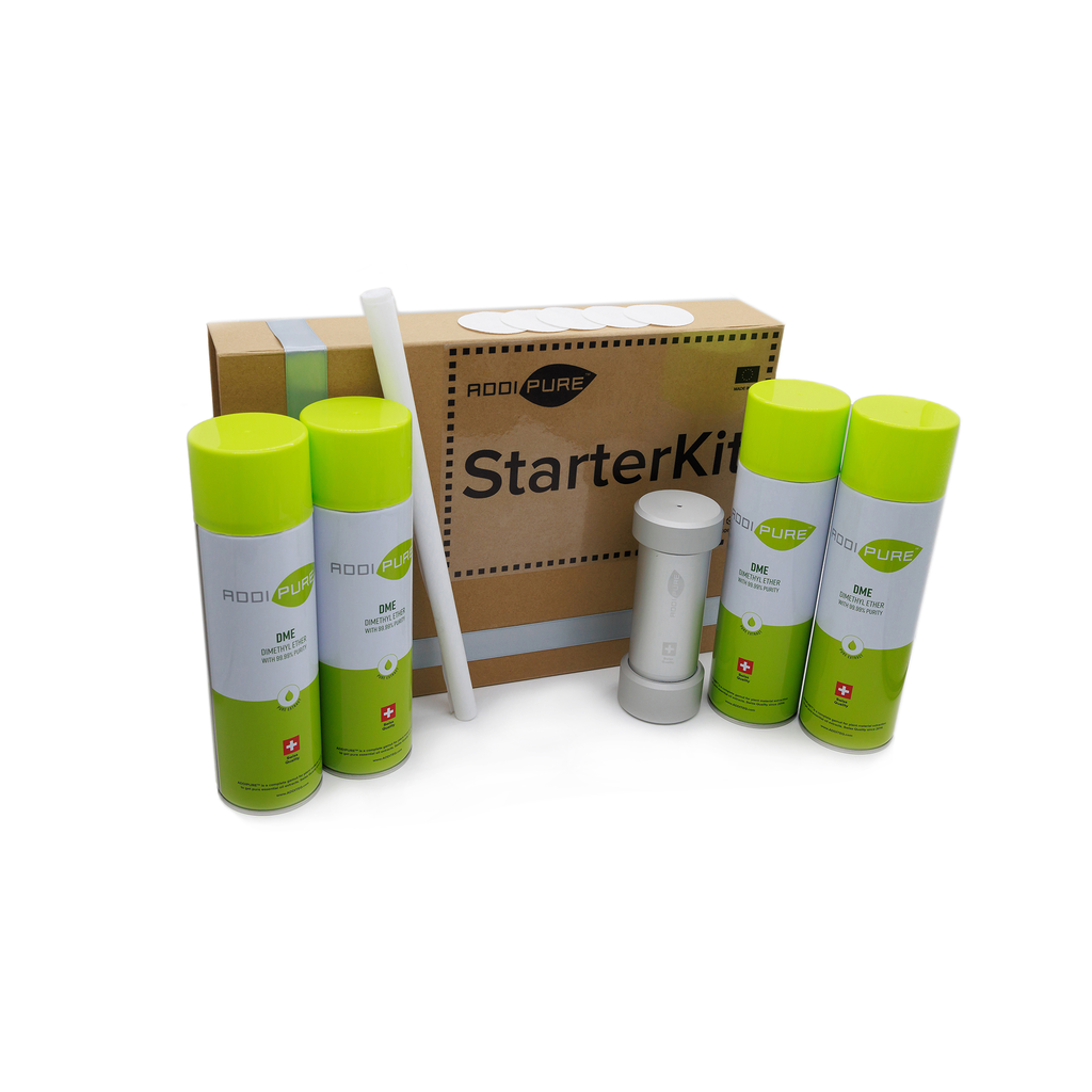 ADDIPURE PEO 60*50 StarterKit contains everything you need to get started with efficient plant extraction. Batch quantity: up to 20 g. Extraction agent: Dimethyl ether (DME) 500 ml cans. Made in the EU.